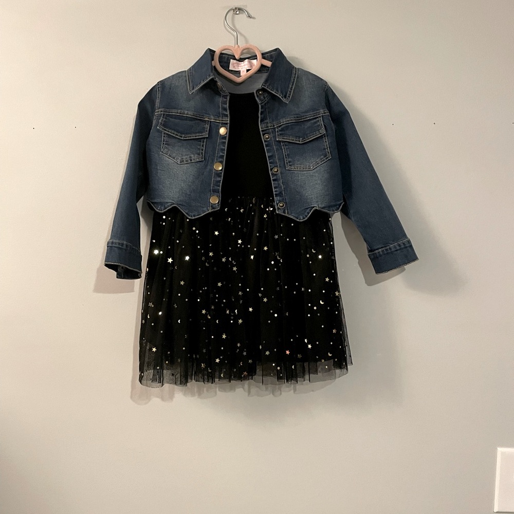 Popatu short sleeve black tutu dress with “cropped” denim jacket size 3T
